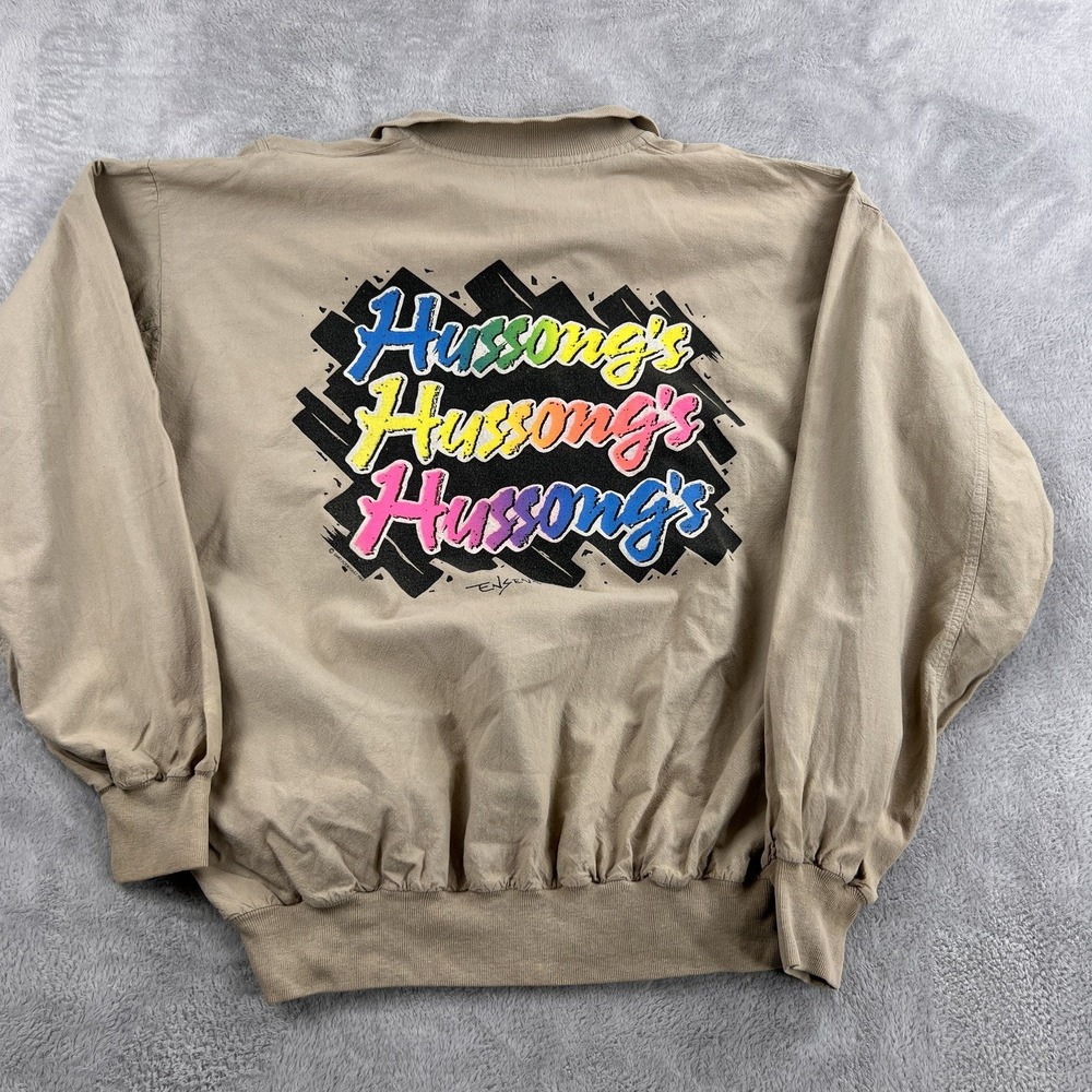 Vtg 90's Hussongs Cantina Ensenada Mexico Collared Sweatshirt XL Tan Men Rainbow